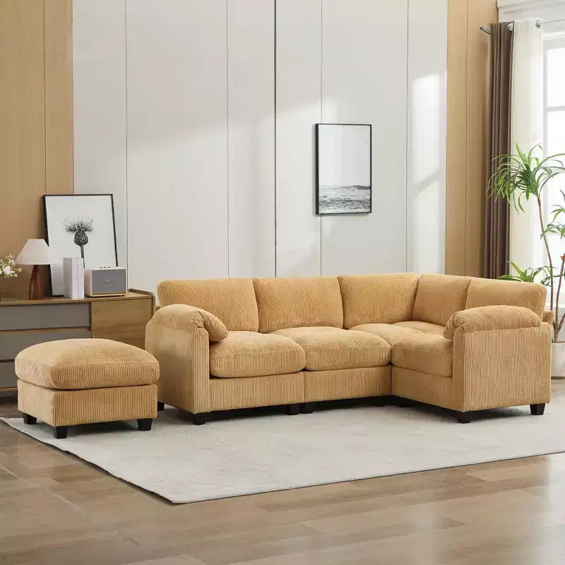 Divano modulare componibile in velluto a coste con pouf mobile, divano imbottito a forma di U con cuscino a due strati per soggiorno