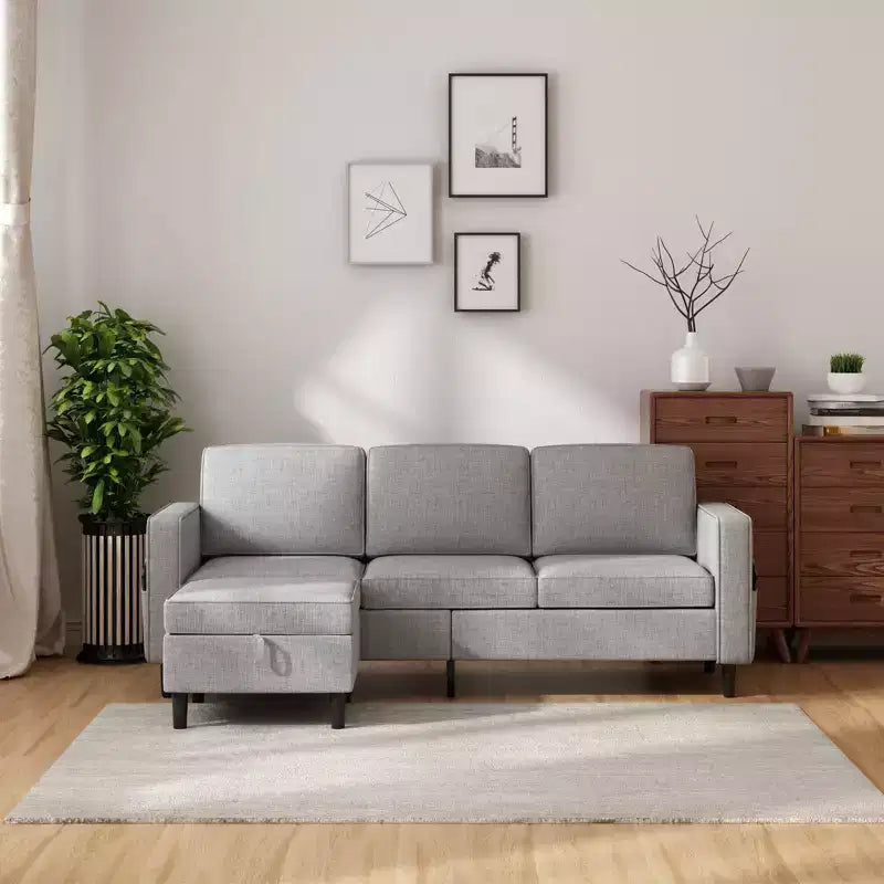 Divano Sezionale Convertibile Mjkone, Divano a L a 3 Posti in Tessuto di Lino con Ottomana Contenitore