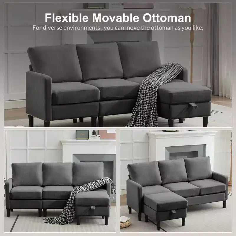 HYLEORY Canapé d'angle réversible 3 places en tissu de lin, avec pouf, pour salon, appartement et bureau