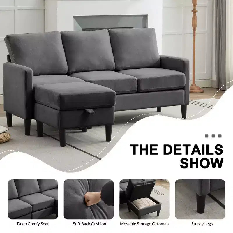 HYLEORY Canapé d'angle réversible 3 places en tissu de lin, avec pouf, pour salon, appartement et bureau