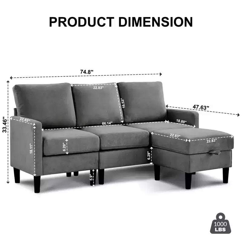 HYLEORY Canapé d'angle réversible 3 places en tissu de lin, avec pouf, pour salon, appartement et bureau