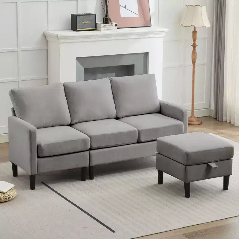 HYLEORY Canapé d'angle réversible 3 places en tissu de lin, avec pouf, pour salon, appartement et bureau