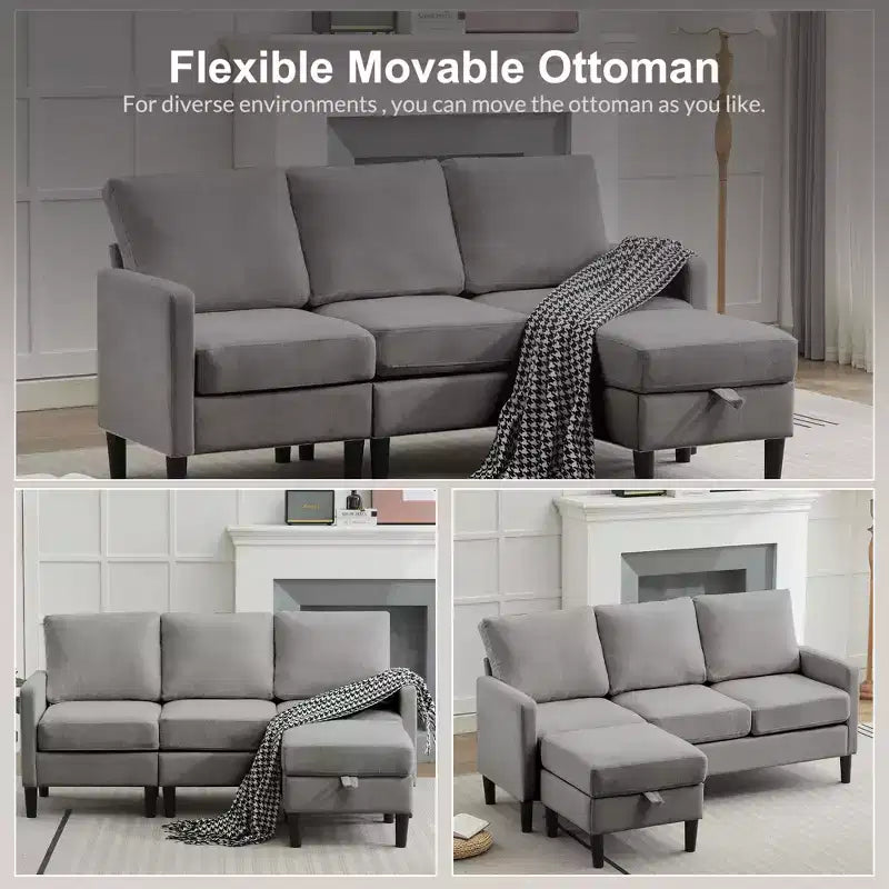 HYLEORY Canapé d'angle réversible 3 places en tissu de lin, avec pouf, pour salon, appartement et bureau