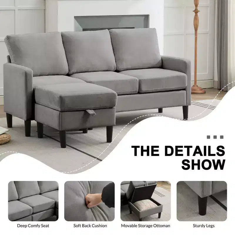 HYLEORY Canapé d'angle réversible 3 places en tissu de lin, avec pouf, pour salon, appartement et bureau