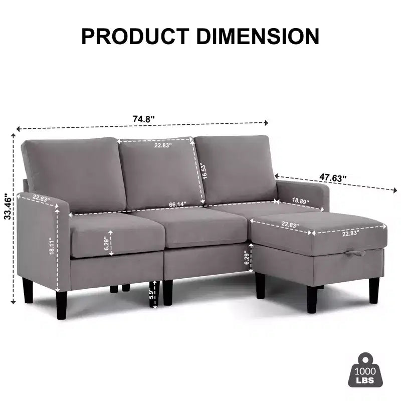 HYLEORY Canapé d'angle réversible 3 places en tissu de lin, avec pouf, pour salon, appartement et bureau