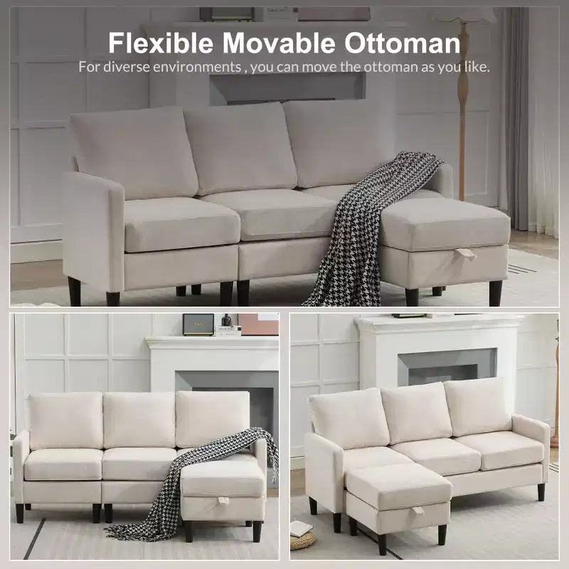 HYLEORY Canapé d'angle réversible 3 places en tissu de lin, avec pouf, pour salon, appartement et bureau