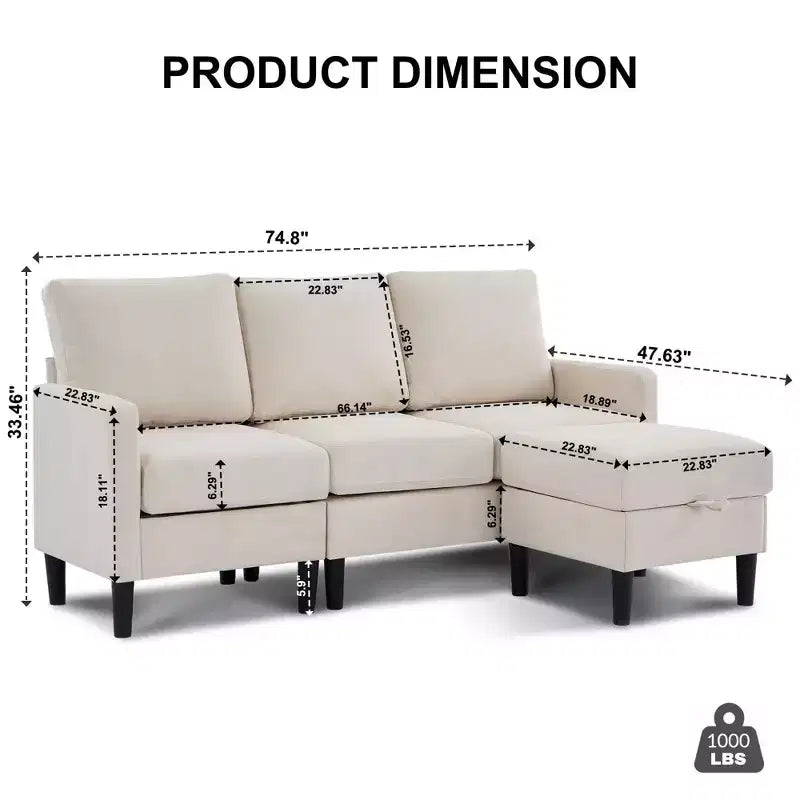 HYLEORY Canapé d'angle réversible 3 places en tissu de lin, avec pouf, pour salon, appartement et bureau