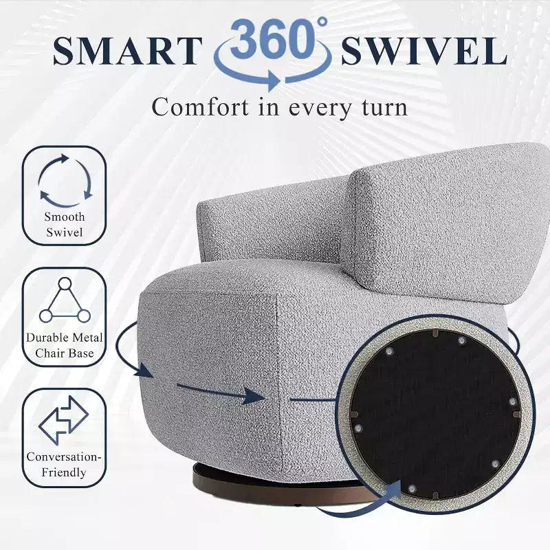Poltrona Girevole a Botte, Divano Lounge Completamente Assemblato con Base Girevole a 360 Gradi, Poltrona Club Rotonda per Soggiorno, Camera da Letto, Ufficio, Avorio