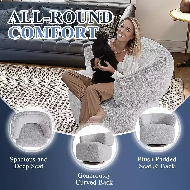 Poltrona Girevole a Botte, Divano Lounge Completamente Assemblato con Base Girevole a 360 Gradi, Poltrona Club Rotonda per Soggiorno, Camera da Letto, Ufficio, Avorio