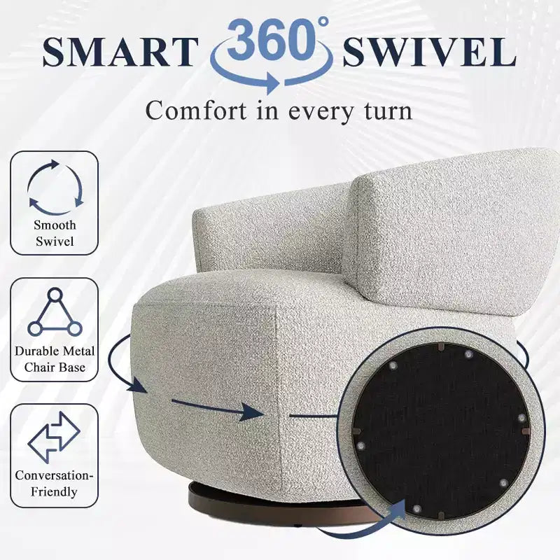Poltrona Girevole a Botte, Divano Lounge Completamente Assemblato con Base Girevole a 360 Gradi, Poltrona Club Rotonda per Soggiorno, Camera da Letto, Ufficio, Avorio