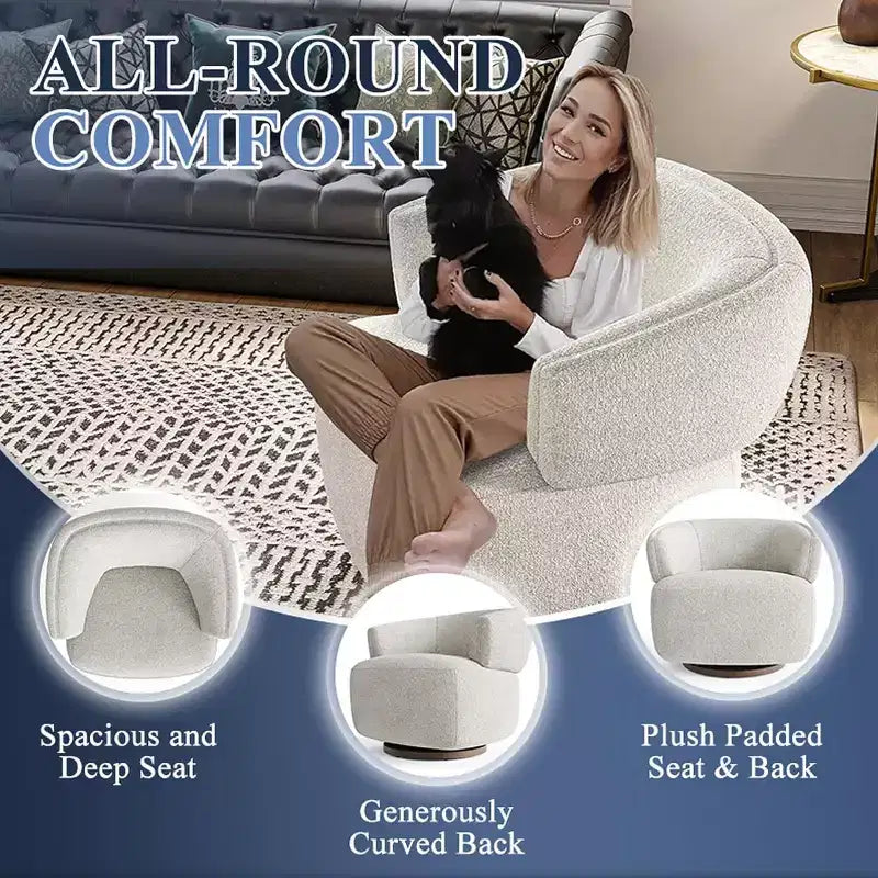 Poltrona Girevole a Botte, Divano Lounge Completamente Assemblato con Base Girevole a 360 Gradi, Poltrona Club Rotonda per Soggiorno, Camera da Letto, Ufficio, Avorio