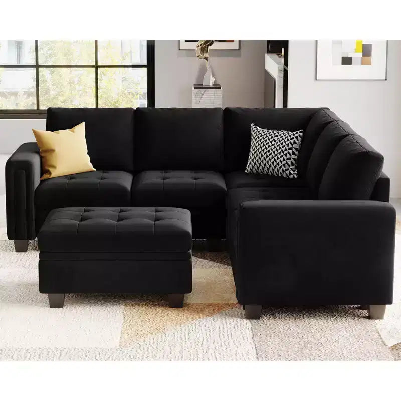 Divano componibile a L in velluto trapuntato Belffin con pouf contenitore, divano sezionale con chaise longue reversibili, divano ad angolo