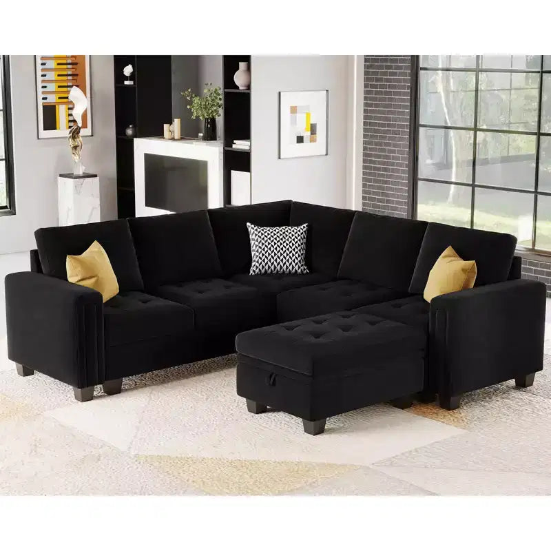 Divano componibile a L in velluto trapuntato Belffin con pouf contenitore, divano sezionale con chaise longue reversibili, divano ad angolo