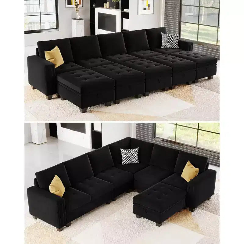 Divano componibile a L in velluto trapuntato Belffin con pouf contenitore, divano sezionale con chaise longue reversibili, divano ad angolo