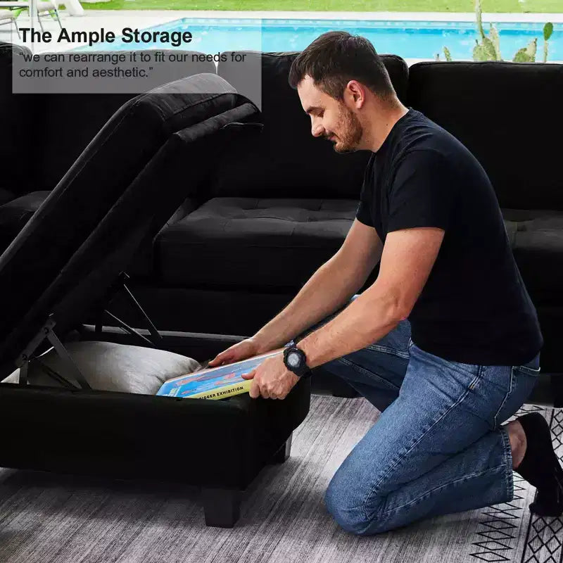 Divano componibile a L in velluto trapuntato Belffin con pouf contenitore, divano sezionale con chaise longue reversibili, divano ad angolo