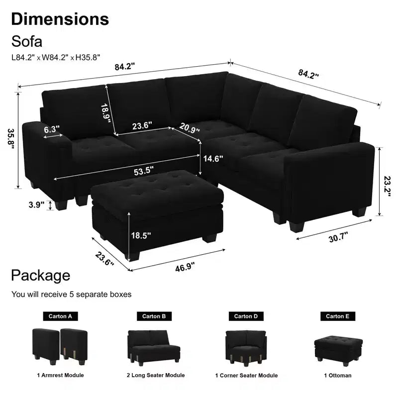 Divano componibile a L in velluto trapuntato Belffin con pouf contenitore, divano sezionale con chaise longue reversibili, divano ad angolo