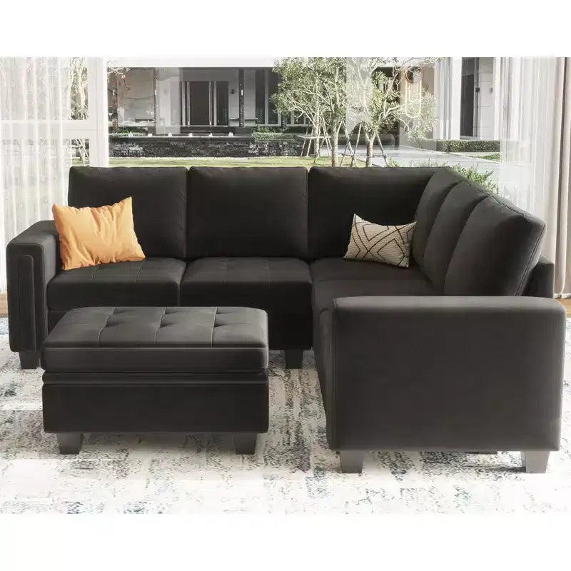 Divano componibile a L in velluto trapuntato Belffin con pouf contenitore, divano sezionale con chaise longue reversibili, divano ad angolo