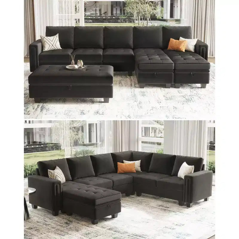 Divano componibile a L in velluto trapuntato Belffin con pouf contenitore, divano sezionale con chaise longue reversibili, divano ad angolo