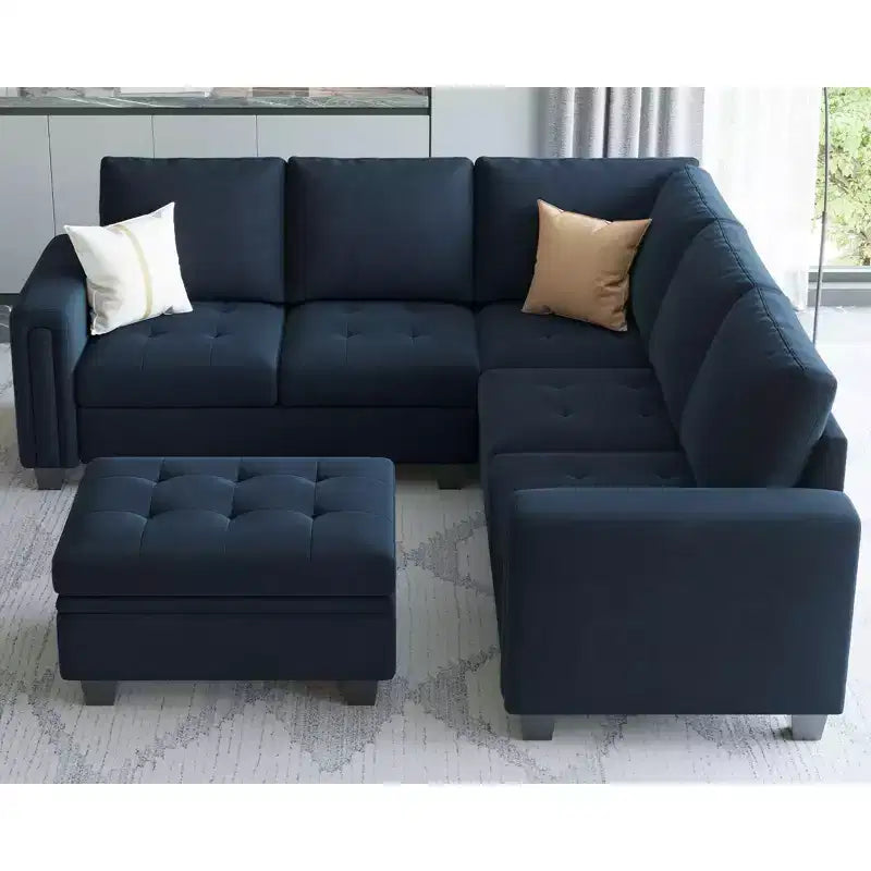 Divano componibile a L in velluto trapuntato Belffin con pouf contenitore, divano sezionale con chaise longue reversibili, divano ad angolo