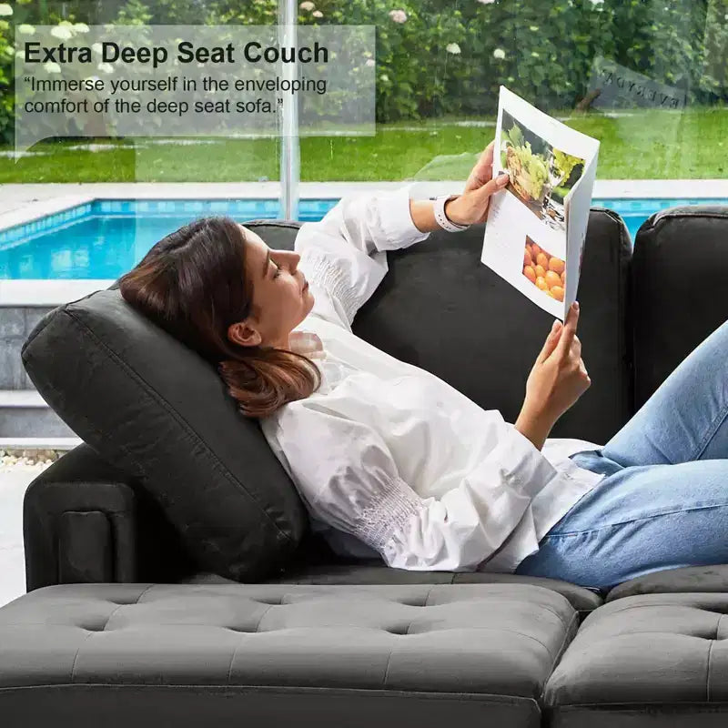 Divano componibile a L in velluto trapuntato Belffin con pouf contenitore, divano sezionale con chaise longue reversibili, divano ad angolo