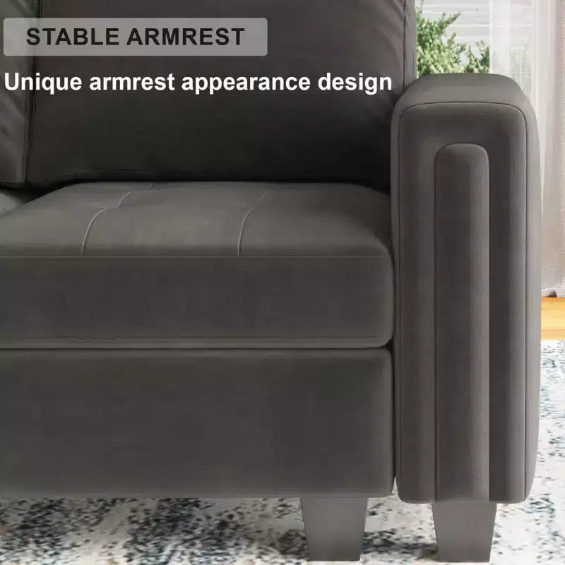 Divano componibile a L in velluto trapuntato Belffin con pouf contenitore, divano sezionale con chaise longue reversibili, divano ad angolo
