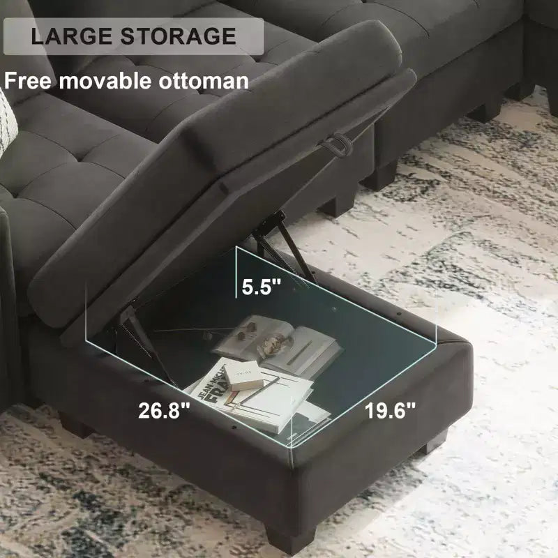 Divano componibile a L in velluto trapuntato Belffin con pouf contenitore, divano sezionale con chaise longue reversibili, divano ad angolo