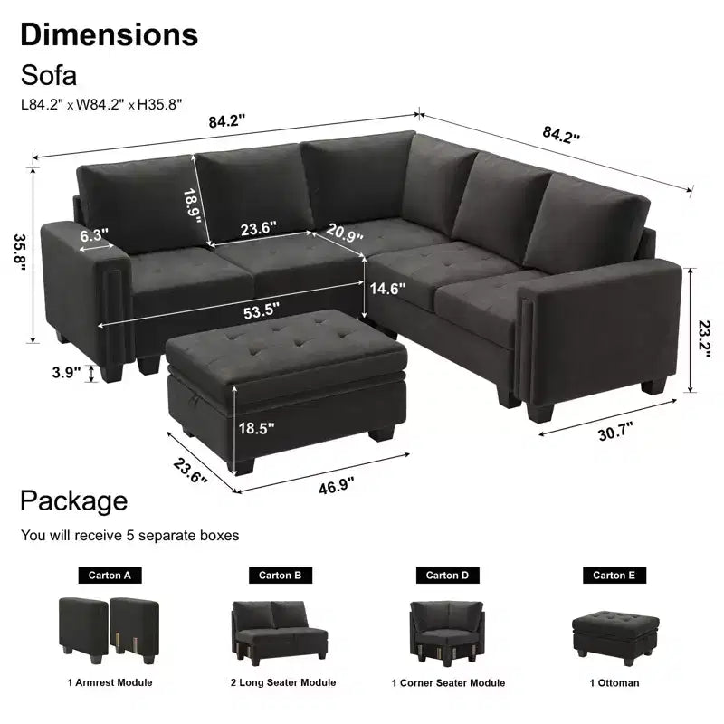 Divano componibile a L in velluto trapuntato Belffin con pouf contenitore, divano sezionale con chaise longue reversibili, divano ad angolo