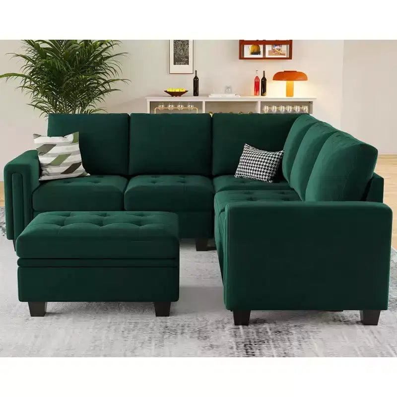 Divano componibile a L in velluto trapuntato Belffin con pouf contenitore, divano sezionale con chaise longue reversibili, divano ad angolo