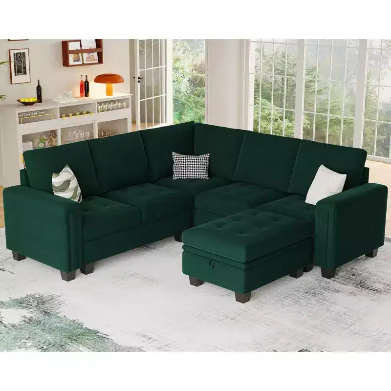 Divano componibile a L in velluto trapuntato Belffin con pouf contenitore, divano sezionale con chaise longue reversibili, divano ad angolo