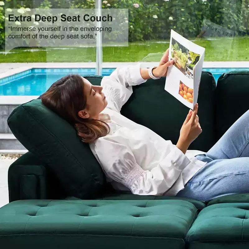 Divano componibile a L in velluto trapuntato Belffin con pouf contenitore, divano sezionale con chaise longue reversibili, divano ad angolo