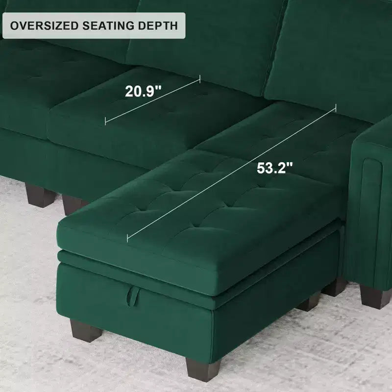 Divano componibile a L in velluto trapuntato Belffin con pouf contenitore, divano sezionale con chaise longue reversibili, divano ad angolo