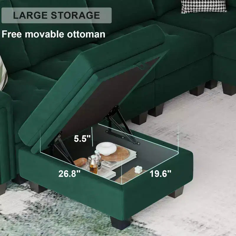 Divano componibile a L in velluto trapuntato Belffin con pouf contenitore, divano sezionale con chaise longue reversibili, divano ad angolo