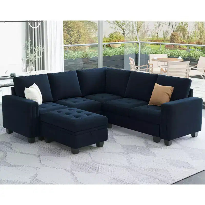 Divano componibile a L in velluto trapuntato Belffin con pouf contenitore, divano sezionale con chaise longue reversibili, divano ad angolo