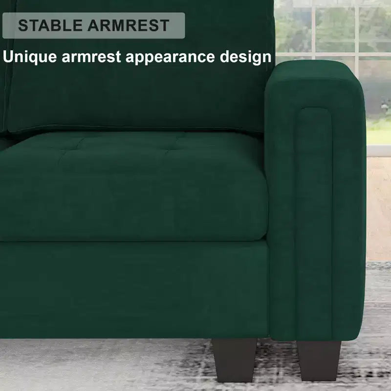 Divano componibile a L in velluto trapuntato Belffin con pouf contenitore, divano sezionale con chaise longue reversibili, divano ad angolo
