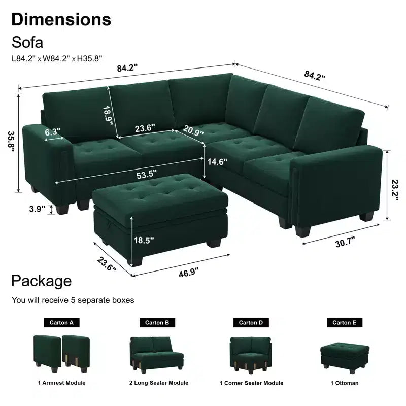 Divano componibile a L in velluto trapuntato Belffin con pouf contenitore, divano sezionale con chaise longue reversibili, divano ad angolo