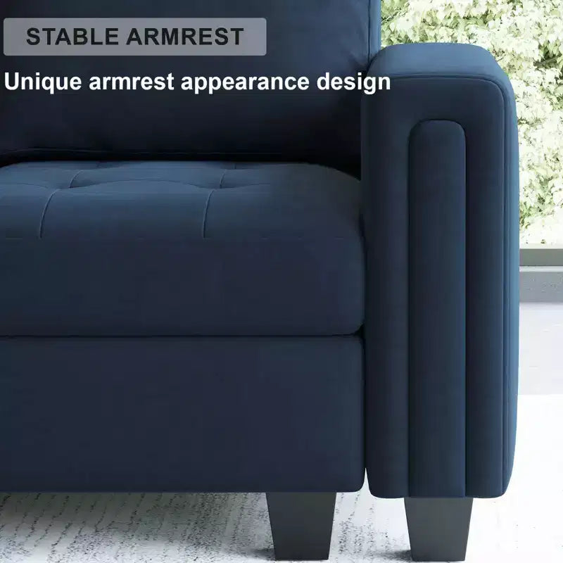 Divano componibile a L in velluto trapuntato Belffin con pouf contenitore, divano sezionale con chaise longue reversibili, divano ad angolo