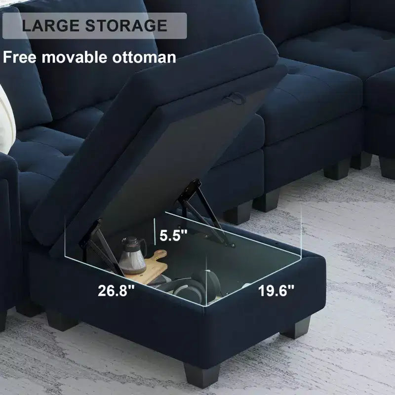 Divano componibile a L in velluto trapuntato Belffin con pouf contenitore, divano sezionale con chaise longue reversibili, divano ad angolo