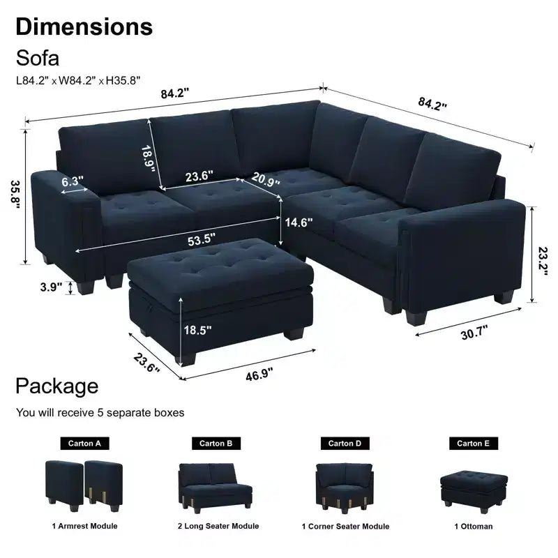 Divano componibile a L in velluto trapuntato Belffin con pouf contenitore, divano sezionale con chaise longue reversibili, divano ad angolo