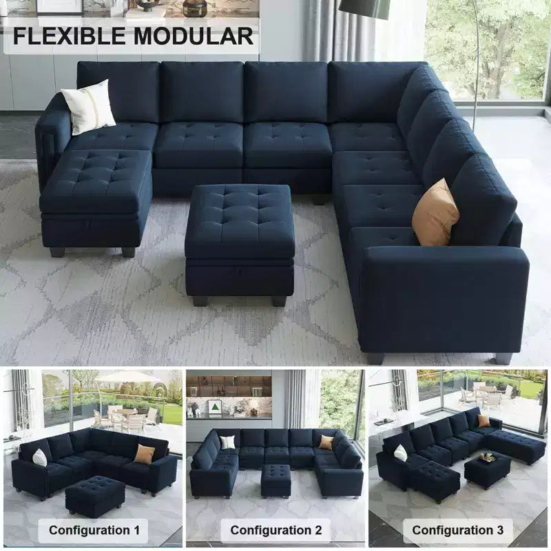 Divano componibile a L in velluto trapuntato Belffin con pouf contenitore, divano sezionale con chaise longue reversibili, divano ad angolo