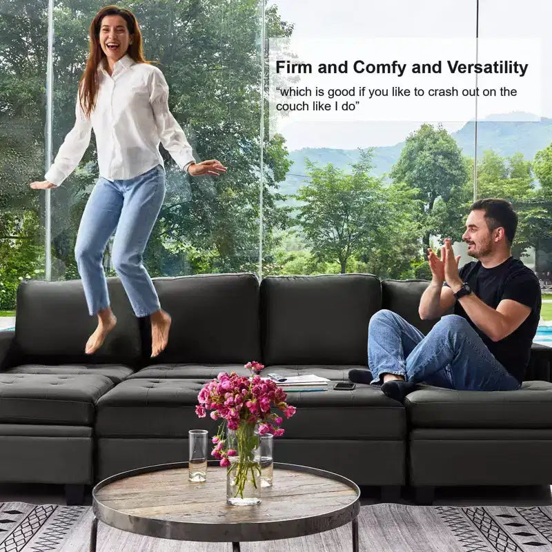 Divano componibile a L in velluto trapuntato Belffin con pouf contenitore, divano sezionale con chaise longue reversibili, divano ad angolo