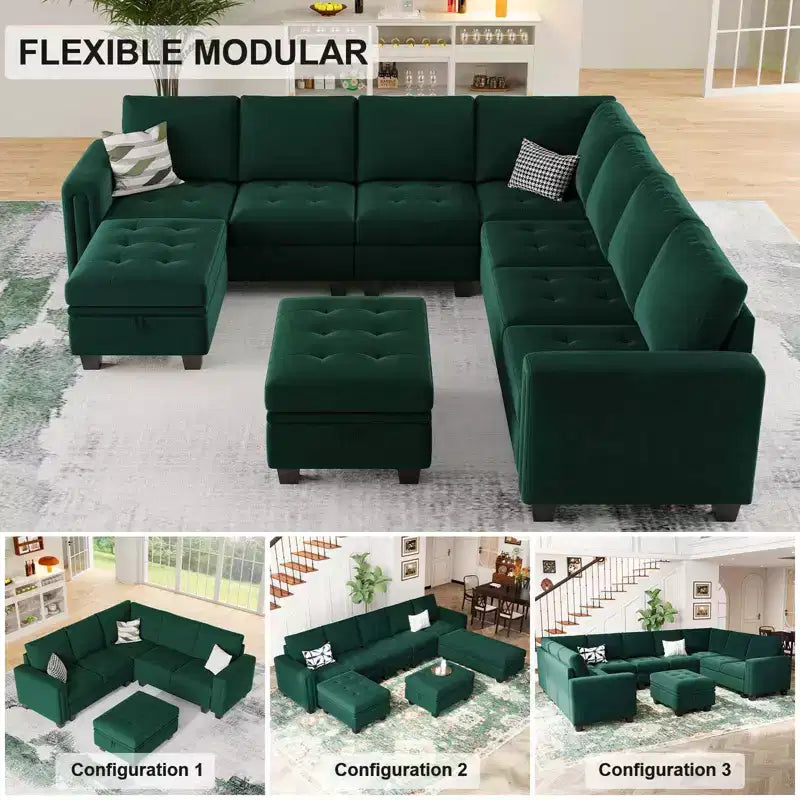 Divano componibile a L in velluto trapuntato Belffin con pouf contenitore, divano sezionale con chaise longue reversibili, divano ad angolo