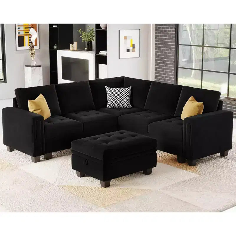 Divano componibile a L in velluto trapuntato Belffin con pouf contenitore, divano sezionale con chaise longue reversibili, divano ad angolo