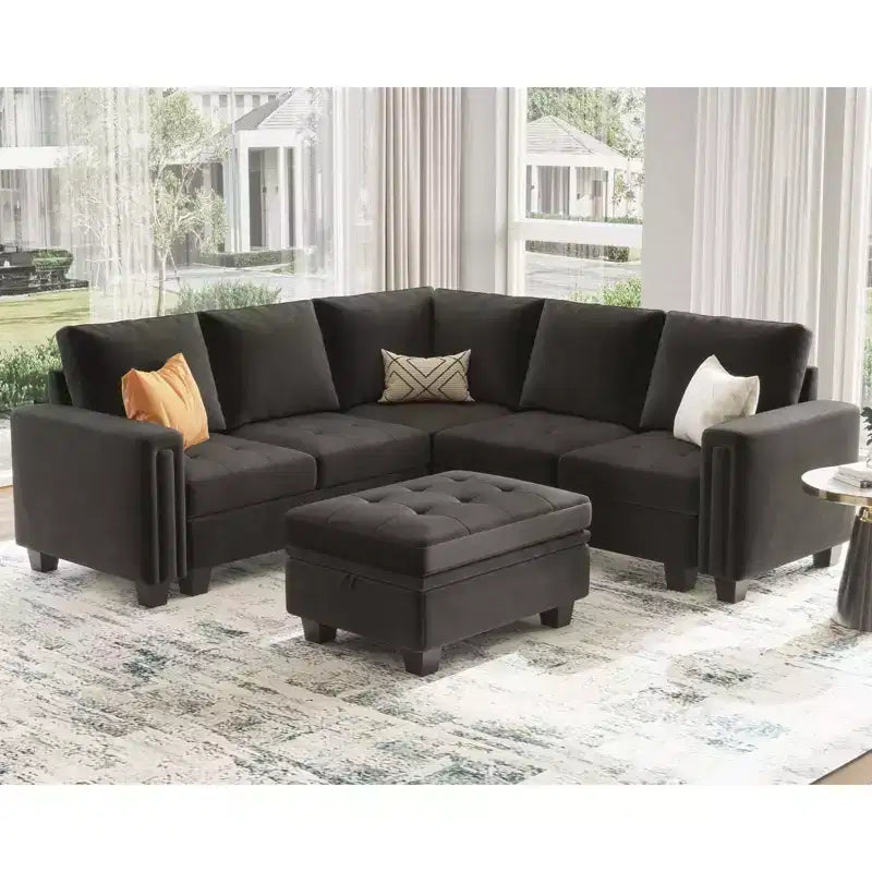 Divano componibile a L in velluto trapuntato Belffin con pouf contenitore, divano sezionale con chaise longue reversibili, divano ad angolo