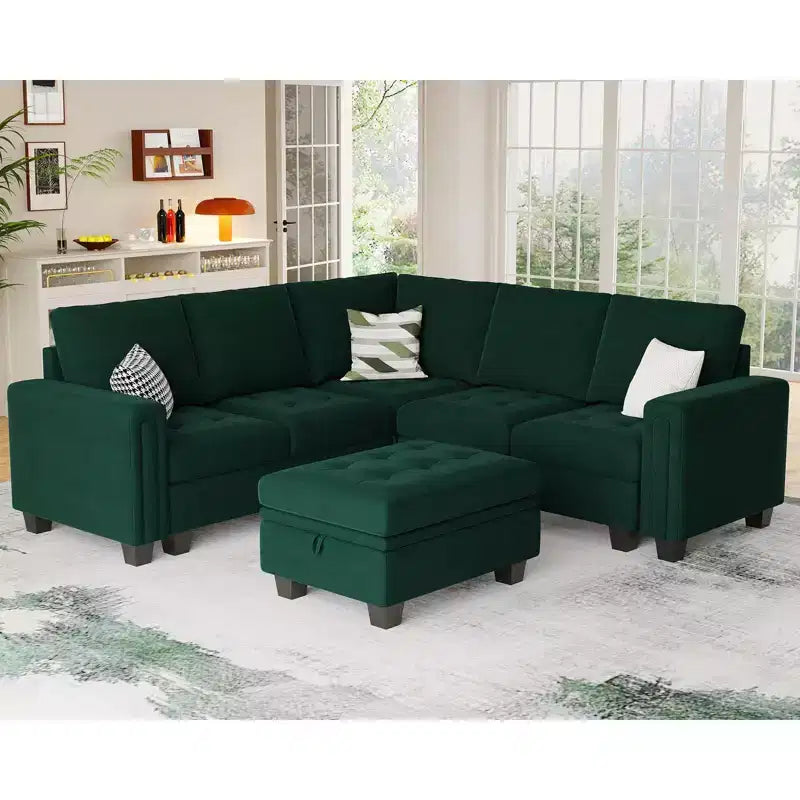 Divano componibile a L in velluto trapuntato Belffin con pouf contenitore, divano sezionale con chaise longue reversibili, divano ad angolo