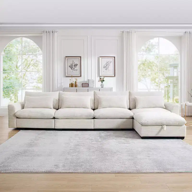 Christopher Knight Home Nelly Divano Sezionale Grande a L in Velluto a Coste 157,5 con Pouf Contenitore e 4 Cuscini Lombari