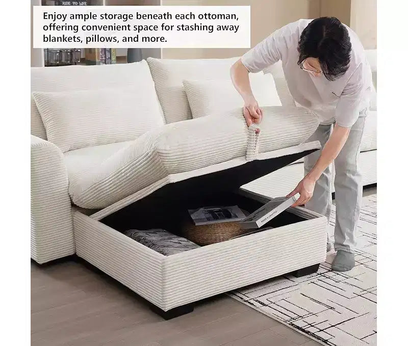 Christopher Knight Home Nelly Divano Sezionale Grande a L in Velluto a Coste 157,5 con Pouf Contenitore e 4 Cuscini Lombari