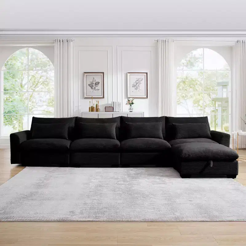 Christopher Knight Home Nelly Divano Sezionale Grande a L in Velluto a Coste 157,5 con Pouf Contenitore e 4 Cuscini Lombari