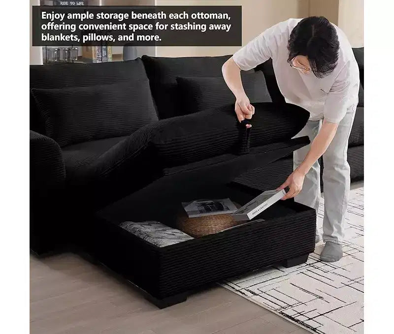 Christopher Knight Home Nelly Divano Sezionale Grande a L in Velluto a Coste 157,5 con Pouf Contenitore e 4 Cuscini Lombari