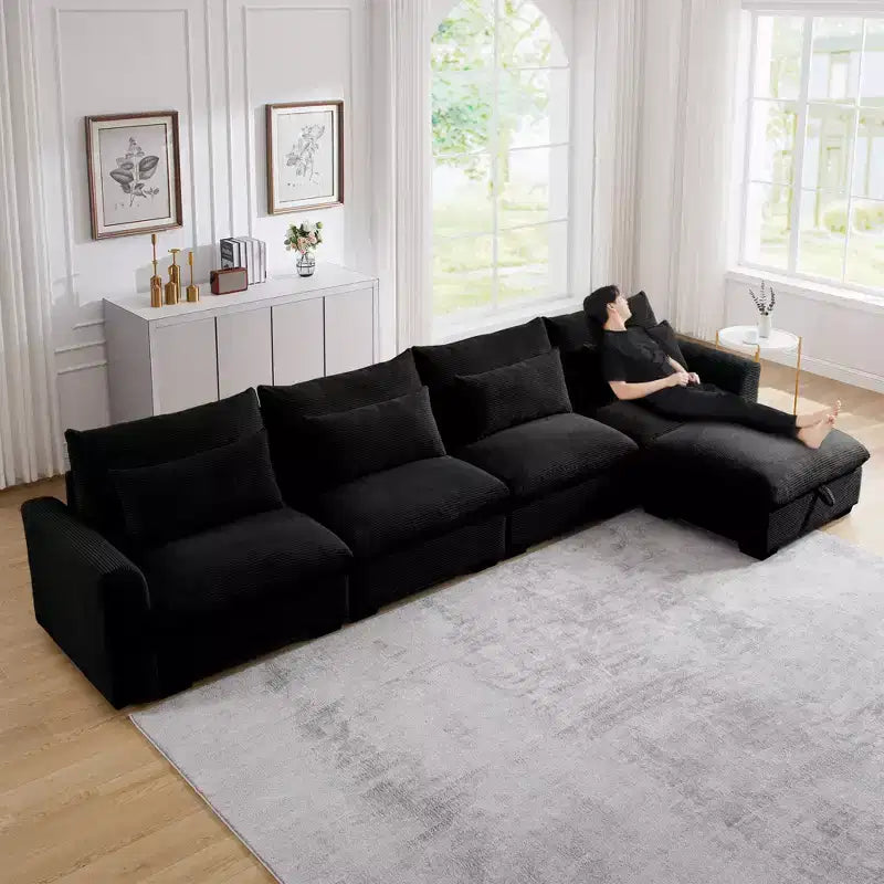 Christopher Knight Home Nelly Divano Sezionale Grande a L in Velluto a Coste 157,5 con Pouf Contenitore e 4 Cuscini Lombari