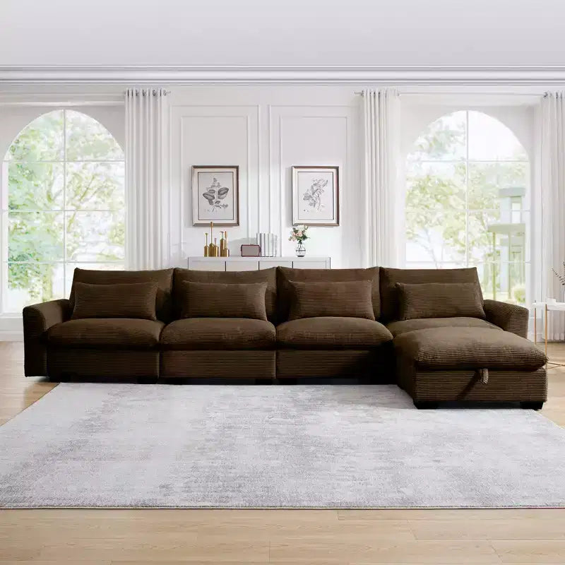 Christopher Knight Home Nelly Divano Sezionale Grande a L in Velluto a Coste 157,5 con Pouf Contenitore e 4 Cuscini Lombari